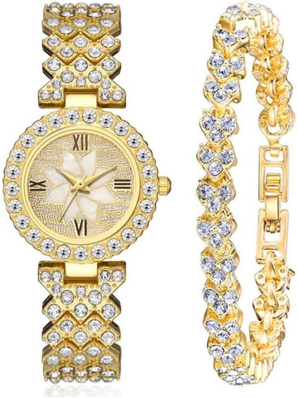 Women's Gold Analog Set Quartz Steel Band Diamonds Bracelets Luxury Wrist Watch